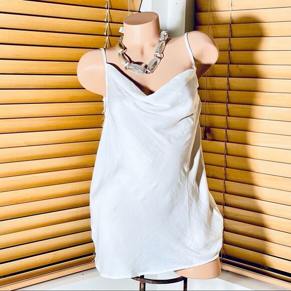 BCBG Sz L White Gauzy Light Chiffon Spaghetti Straps Cowl Neck Beautiful Top New - Picture 1 of 13
